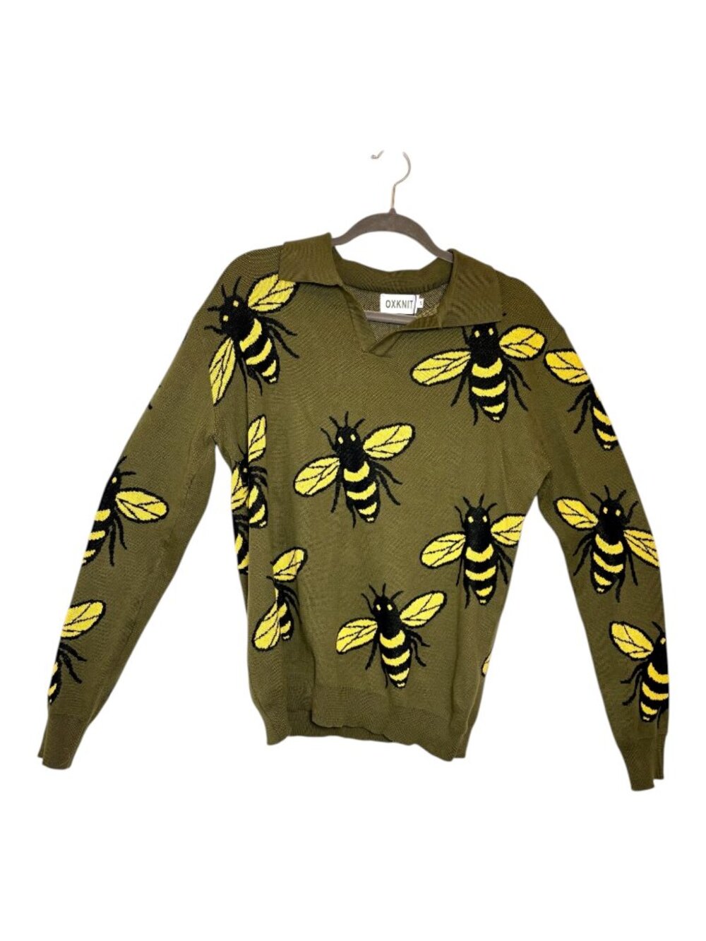 OXKNIT Green Bee Knit Collared Polo V-Neck Sweater Retro Preppy Men's Small